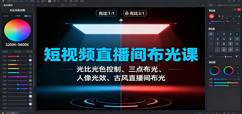 短视频直播间布光课：光比光色控制、三点布光、人像光效、古风直播间布光-摇钱树